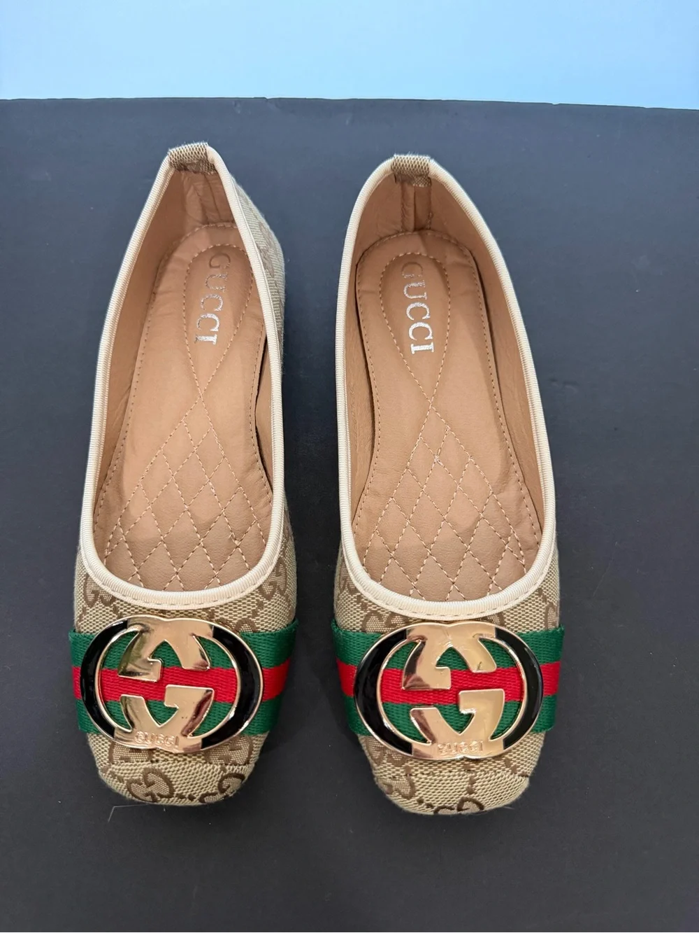 Beige Canvas Ballet Flats with Green-Red Stripe and Gold Emblem